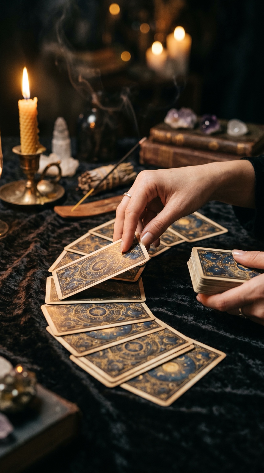 Tarot cards being laid on a candlelit table