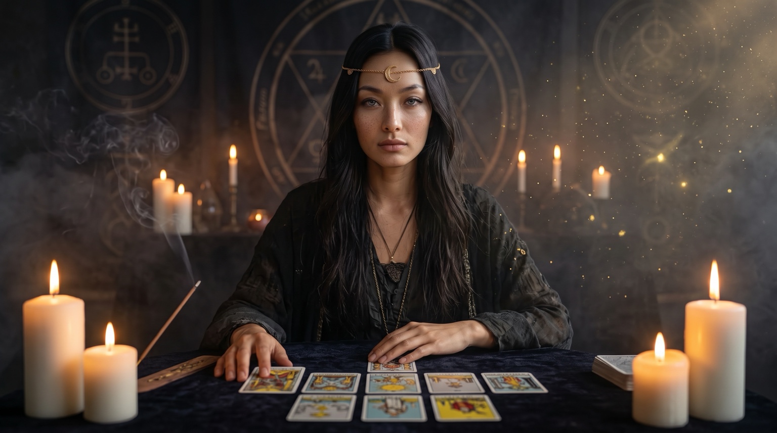 Lunara seated at a candlelit tarot table
