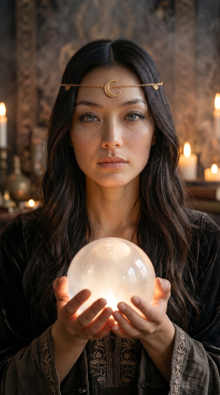 Lunara holding a glowing crystal sphere