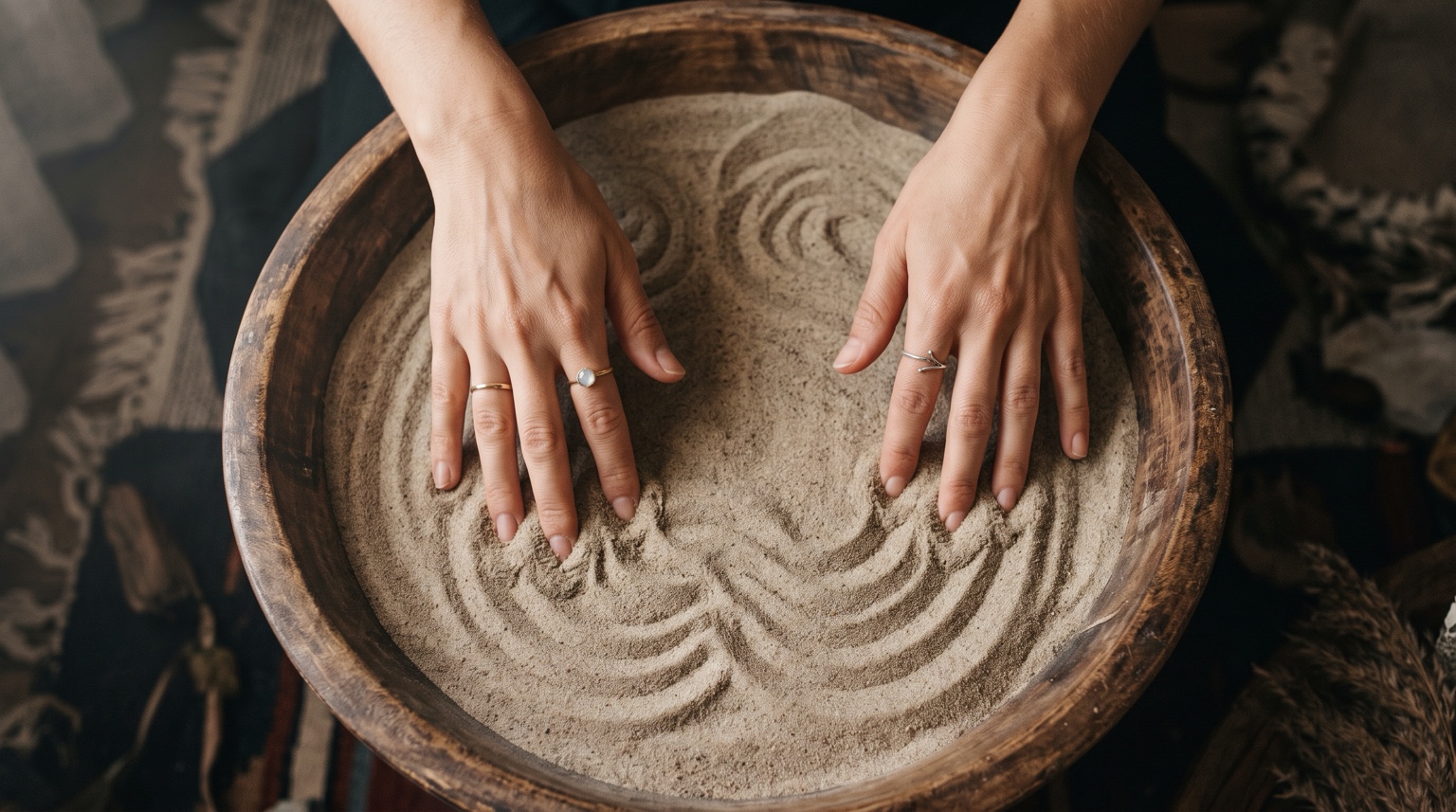 Hands tracing symbols in sand