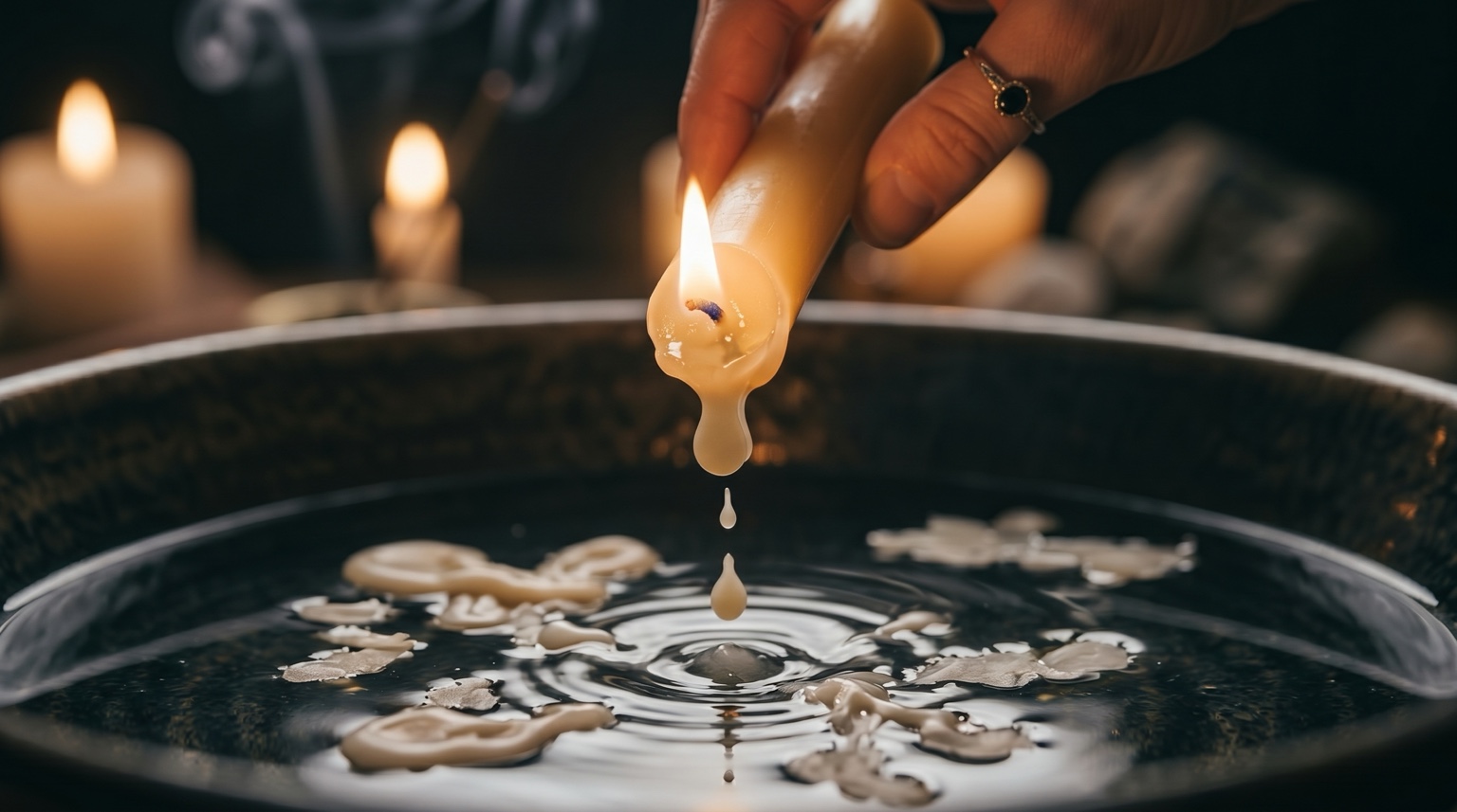 Melted wax falling into water